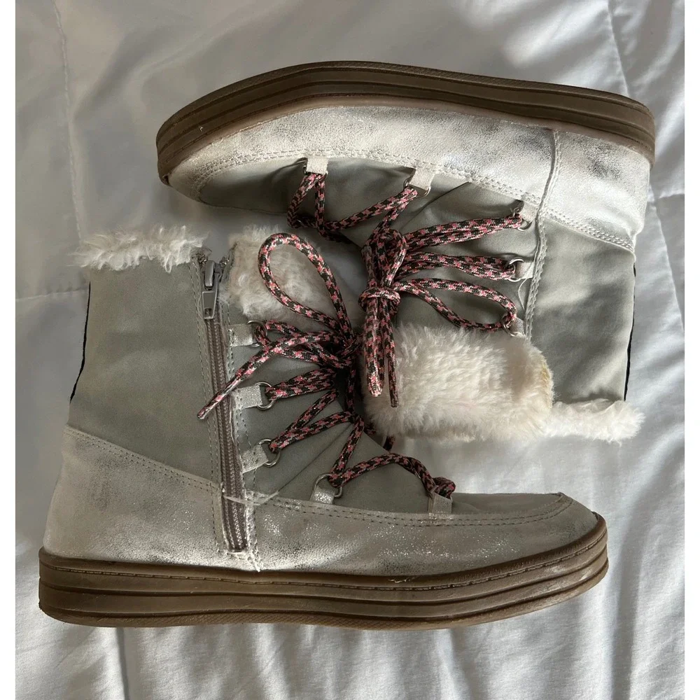 SPROX Kids Cozy Fur Lined Snow Boots Gray Pink Laces‎ Stars Side Zip